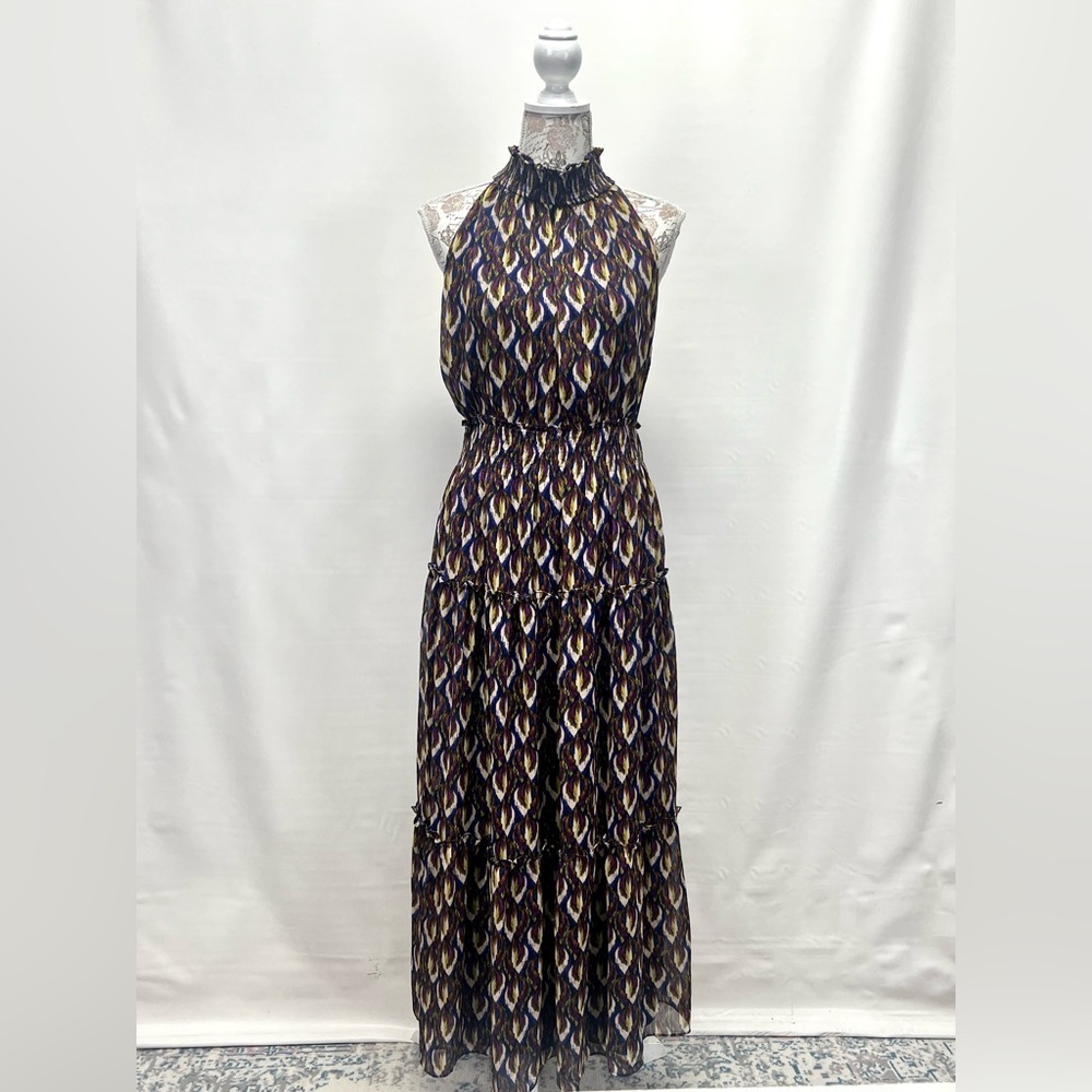 TAYLOR Navy/violet multi halter neck chiffon tiered dress size 8. - Picture 4 of 14
